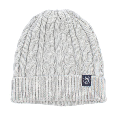 men's cable beanie in colour silver. 