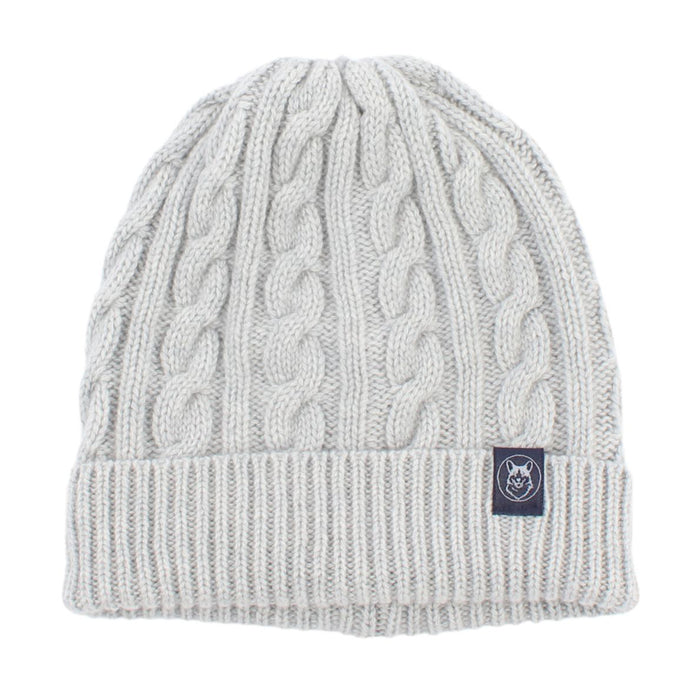 men's cable beanie in colour silver. 