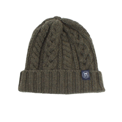 A green men's wool beanie with a cable knit pattern and a ribbed turn-up hem.
