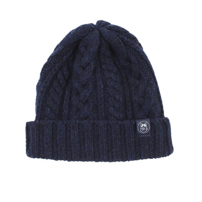 A navy men's wool beanie with a cable knit pattern and a ribbed turn-up hem.
