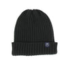 Black knit beanie with a logo on a white background

