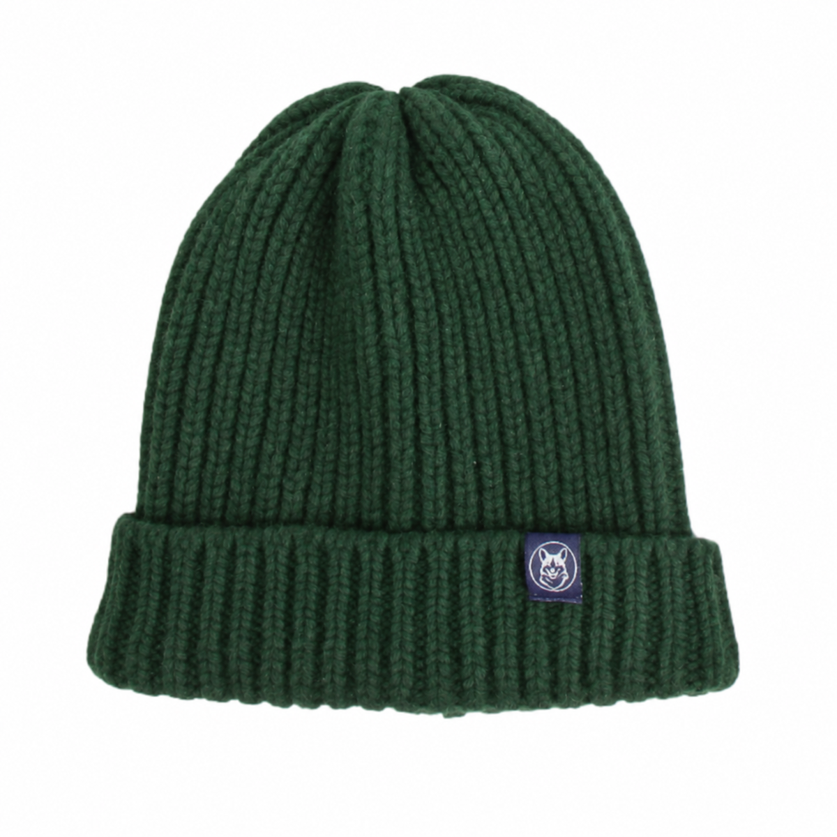 A dark green ribbed knit beanie hat with a folded cuff, featuring a small purple square logo patch on the front right side.