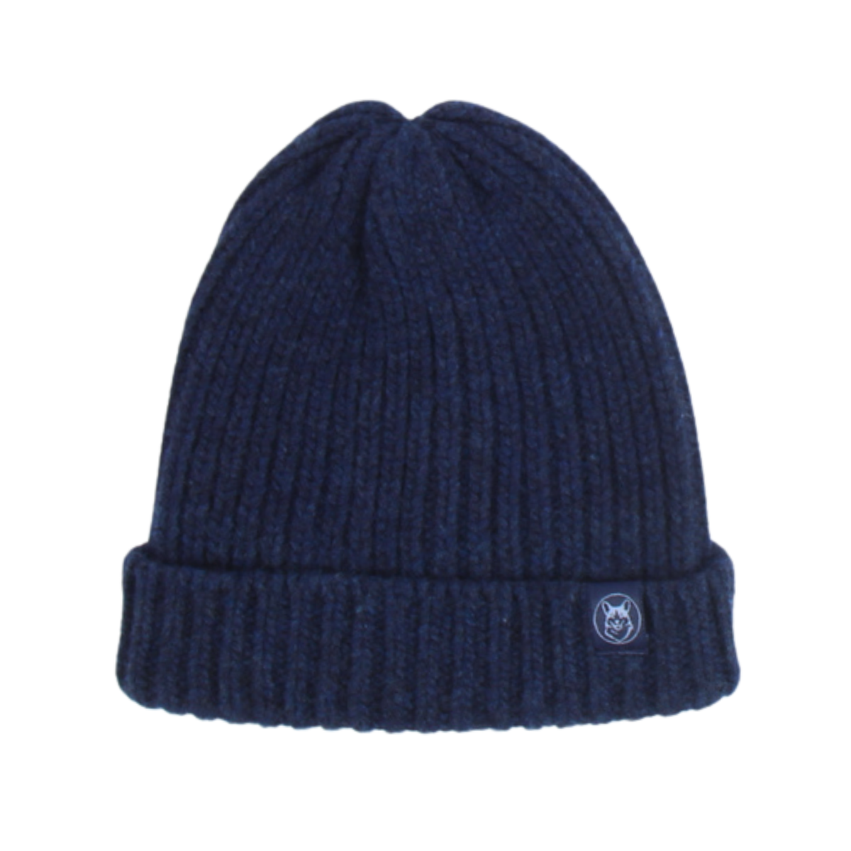 A dark navy blue ribbed knit beanie hat with a folded cuff and a small circular logo patch on the side, shown against a plain white background.