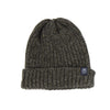 Dark gray knit beanie with a brand logo on a white background

