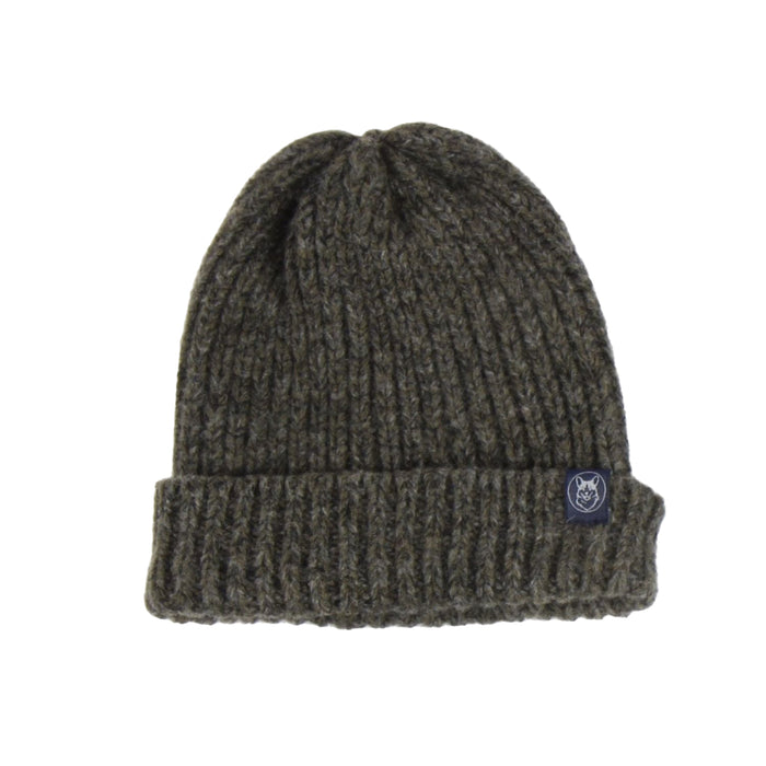 Dark gray knit beanie with a brand logo on a white background

