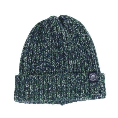 Green and black knit beanie with a logo on a white background

