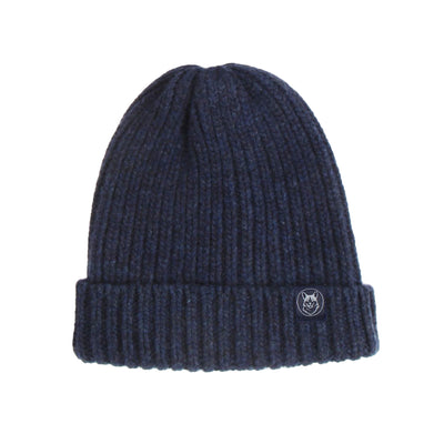 Navy blue knit beanie with a logo on a white background

