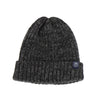 Gray knit beanie with a brand logo on a white background

