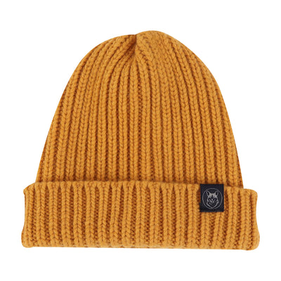 Mustard yellow knit beanie with a brand logo on a white background