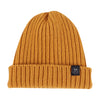 Mustard yellow knit beanie with a brand logo on a white background