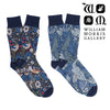 Two patterned socks with William Morris Gallery branding on a white background