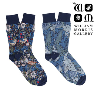 Two patterned socks with William Morris Gallery branding on a white background