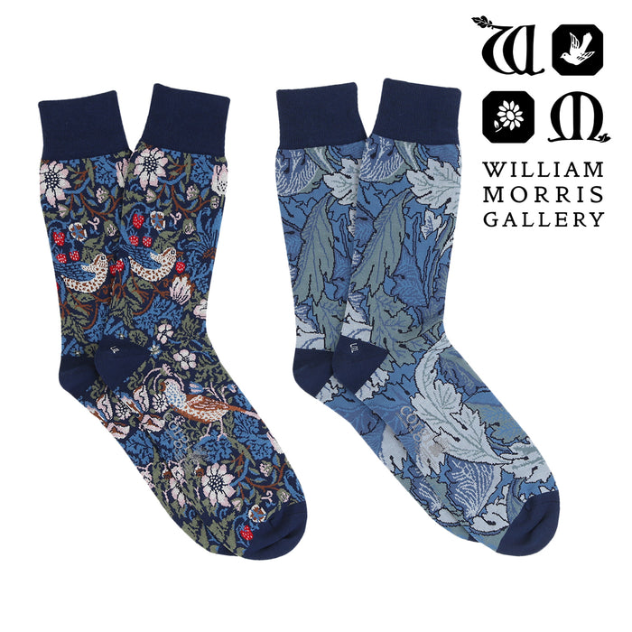 Two patterned socks with William Morris Gallery branding on a white background