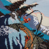 Close-up of a knitted fishing scene design with intricate patterns and colours.