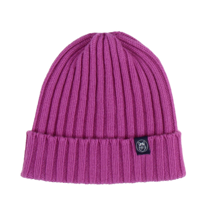 Purple knit beanie with a brand logo on a white background

