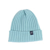 Light blue beanie with a brand logo on a white background

