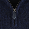 Close-up of a navy blue zip-up garment with a zipper detail.