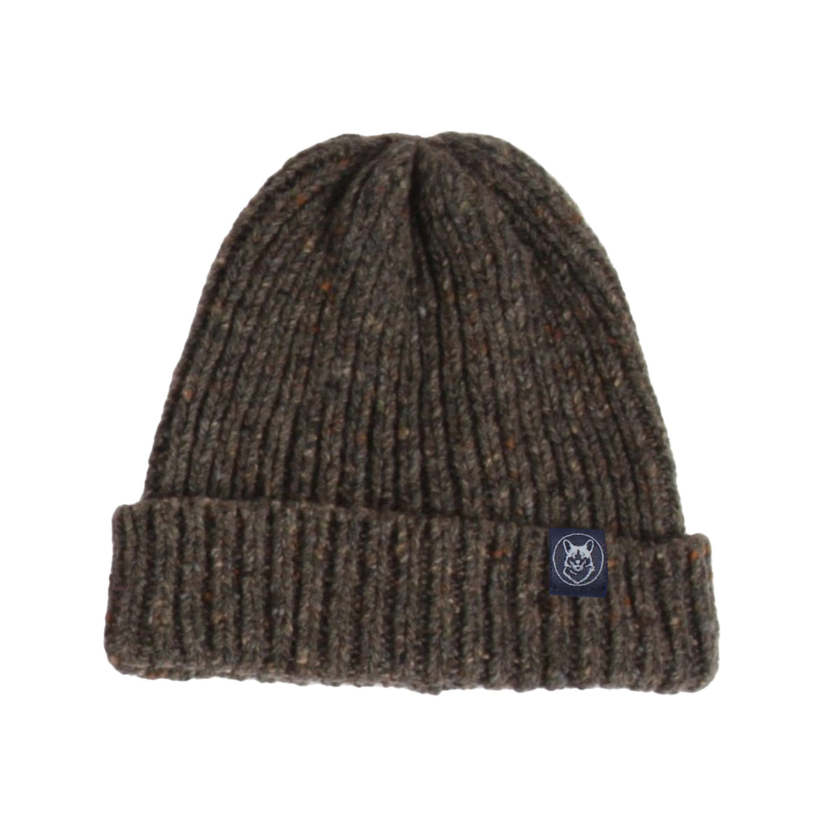 Brown knit beanie with a logo tag on a white background

