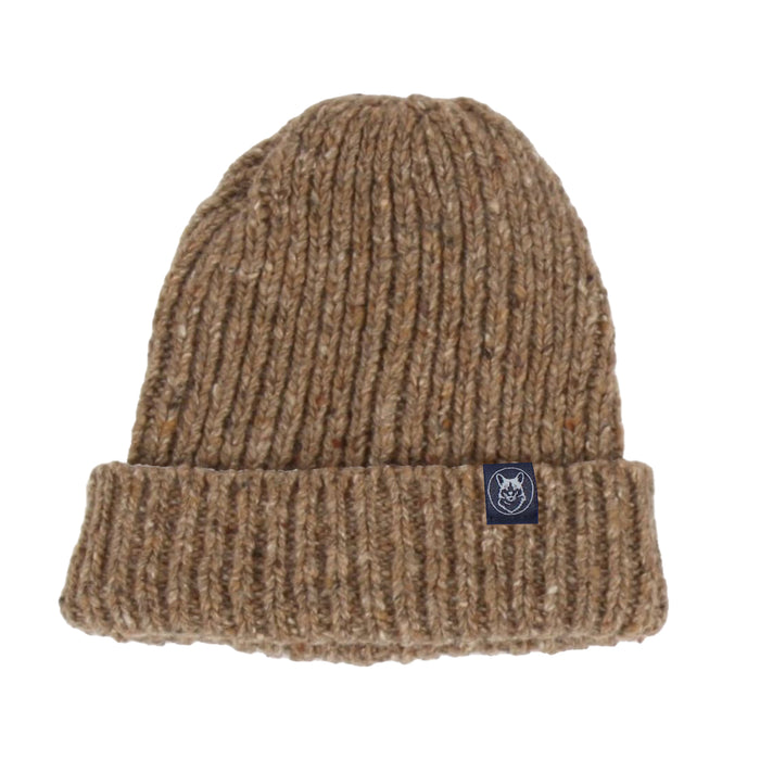 Brown knit beanie with a logo tag on a white background

