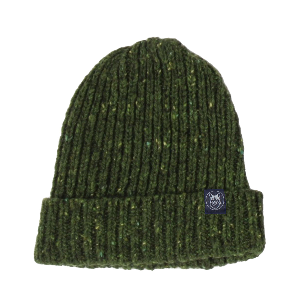 Green knit beanie with a logo on a white background

