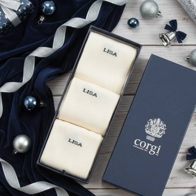 3 pairs of personalised socks in a box with elements of gifting 