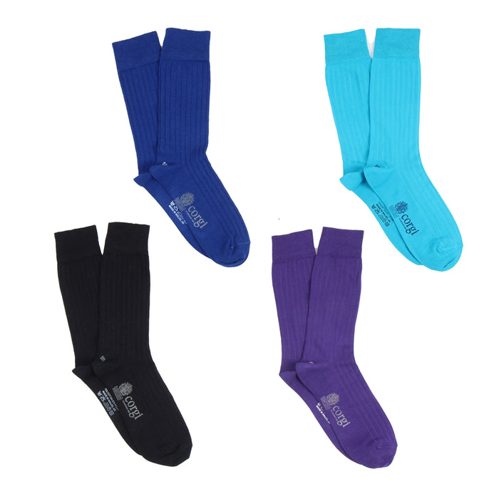 Set of four pairs of socks in blue, navy, purple, and turquoise on a white background.