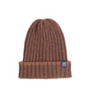 Brown ribbed cashmere hat with a contrasting tip colour on its turn up brim