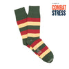 Striped socks with green, red, and yellow colors on a white background, featuring 'Combat Stress' text.