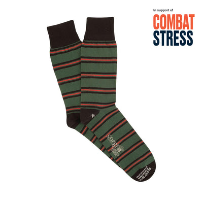 Green and red striped socks with 'Combat Stress' text on a white background