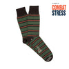 Green and red striped socks with 'Combat Stress' text on a white background