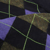 Close-up of a patterned fabric with triangles in purple, green, and navy.