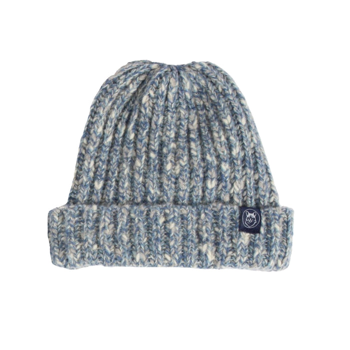 Knitted beanie with a brand logo on a white background

