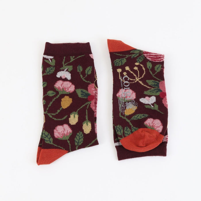 Pair of socks with floral pattern on a white background