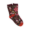 Floral patterned socks with burnt orange accents on a white     background