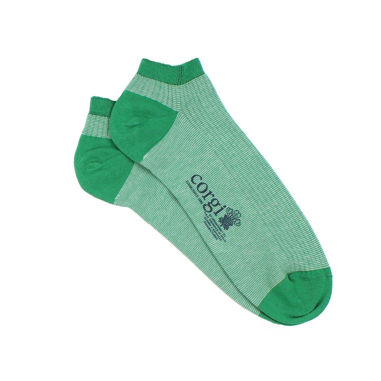Green men's trainer socks with a striped pattern branded with 'Corgi'.