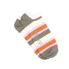 Pair of striped socks in green, white, orange and soft pink with a Corgi brand tag on a white background