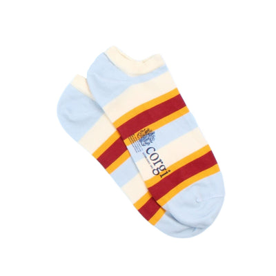 Colorful striped sock with 'Corgi' branding on a white background