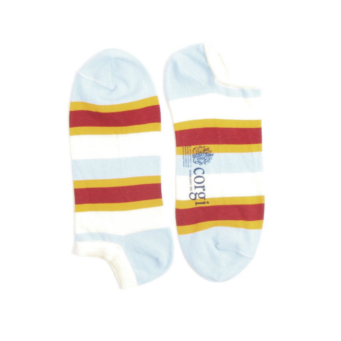 Two socks with red and yellow stripes on a white background