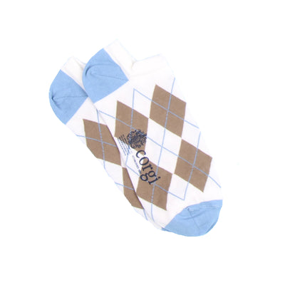 Trainer sock with plaid pattern and 'corgi' branding on a white background