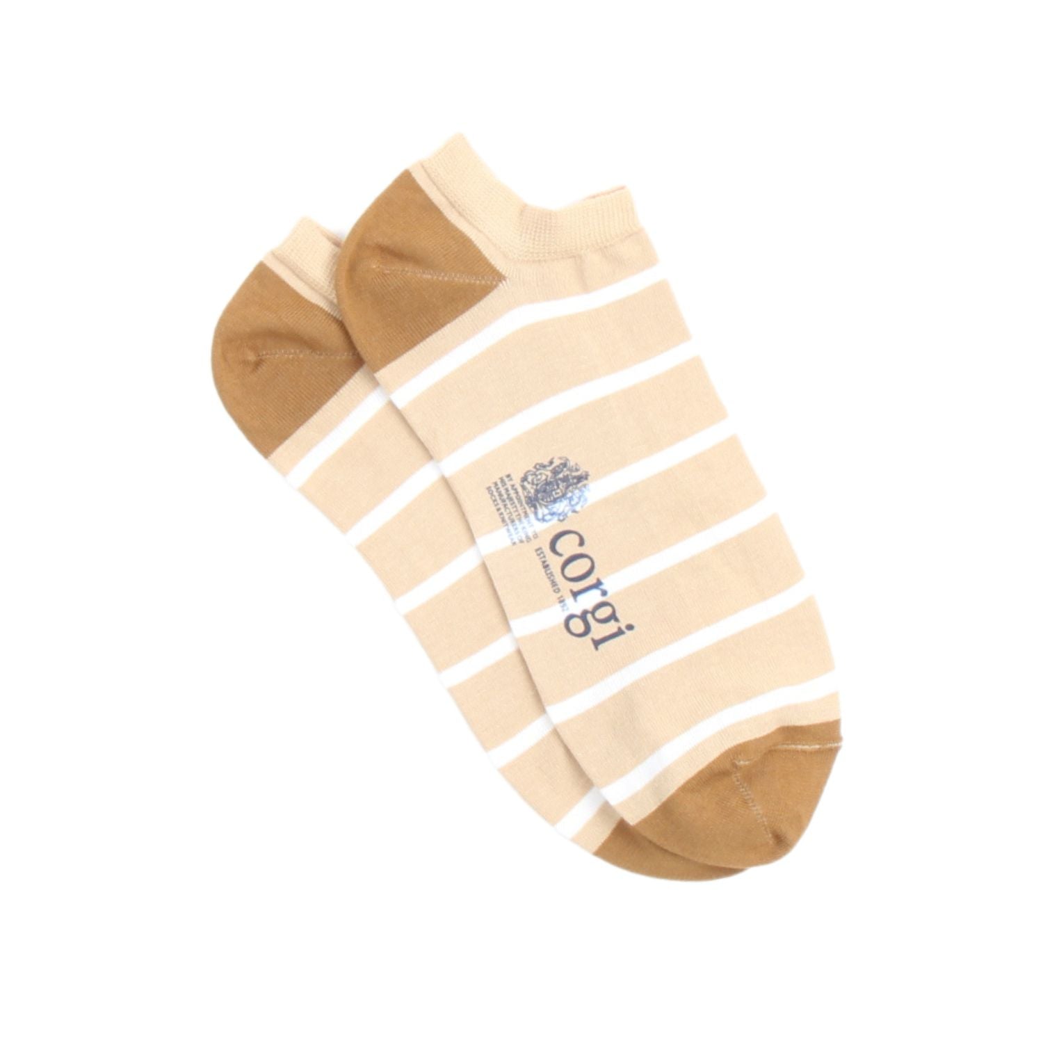 Beige sock with white stripes and 'corgi' branding on a white background