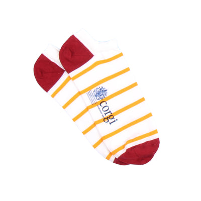 White, red and yellow striped socks with a Corgi brand logo on a white background