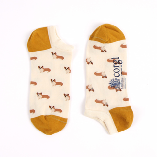 Two socks with corgi pattern and 'corgi' text on a white background