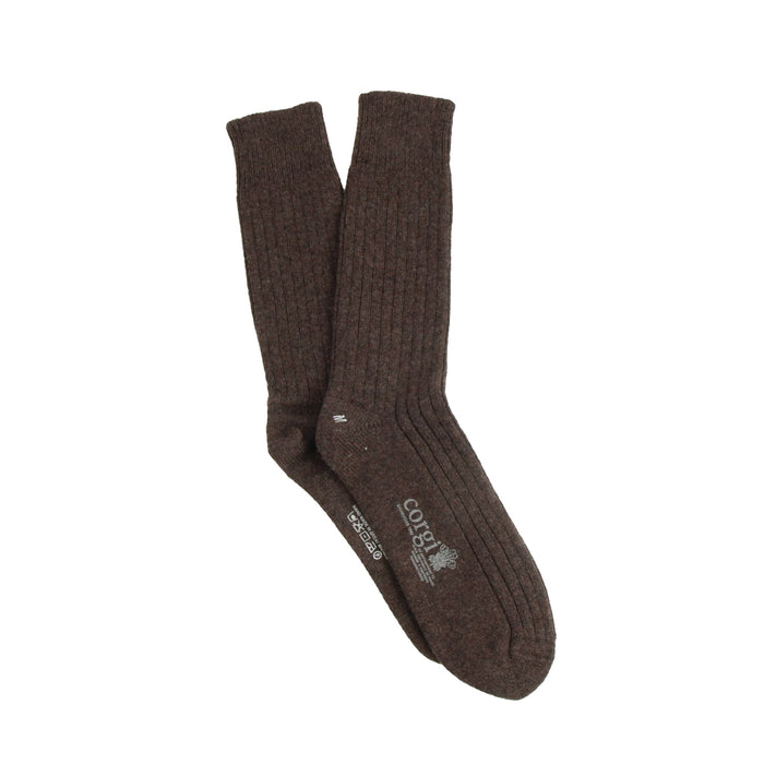 Pair of brown ribbed cashmere socks on a white background