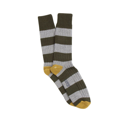 Pair of striped socks with a brand label on a white background