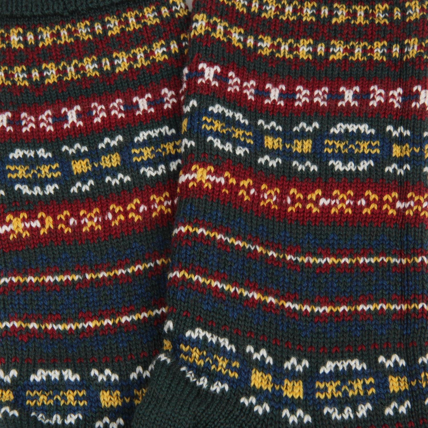 Close-up of a knitted fabric with a colorful pattern