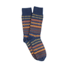 Pair of blue socks with a pattern on a white background