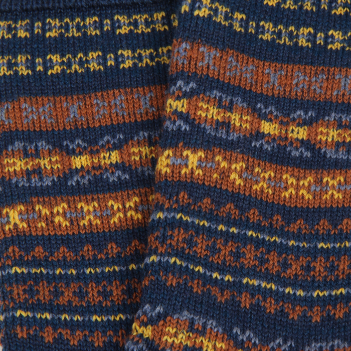 Close-up of a knitted fabric with a pattern of blue, orange, and yellow stripes.