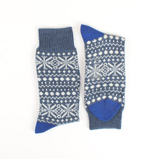 Pair of blue and white patterned socks on a white background
