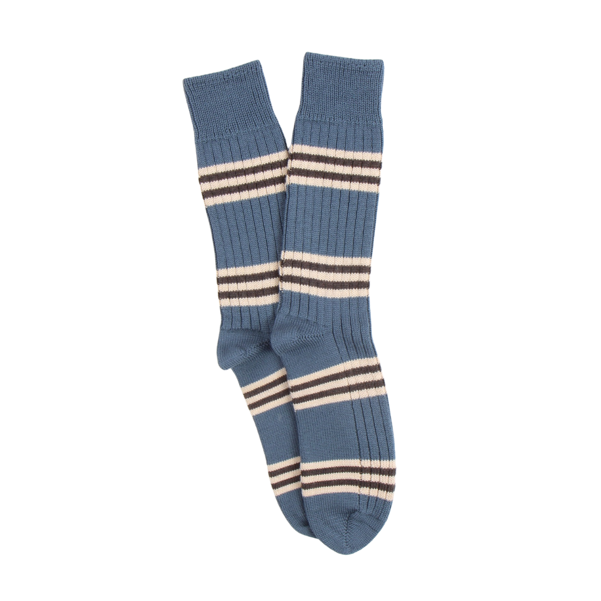 Pair of blue socks with cream and brown stripes on a white background