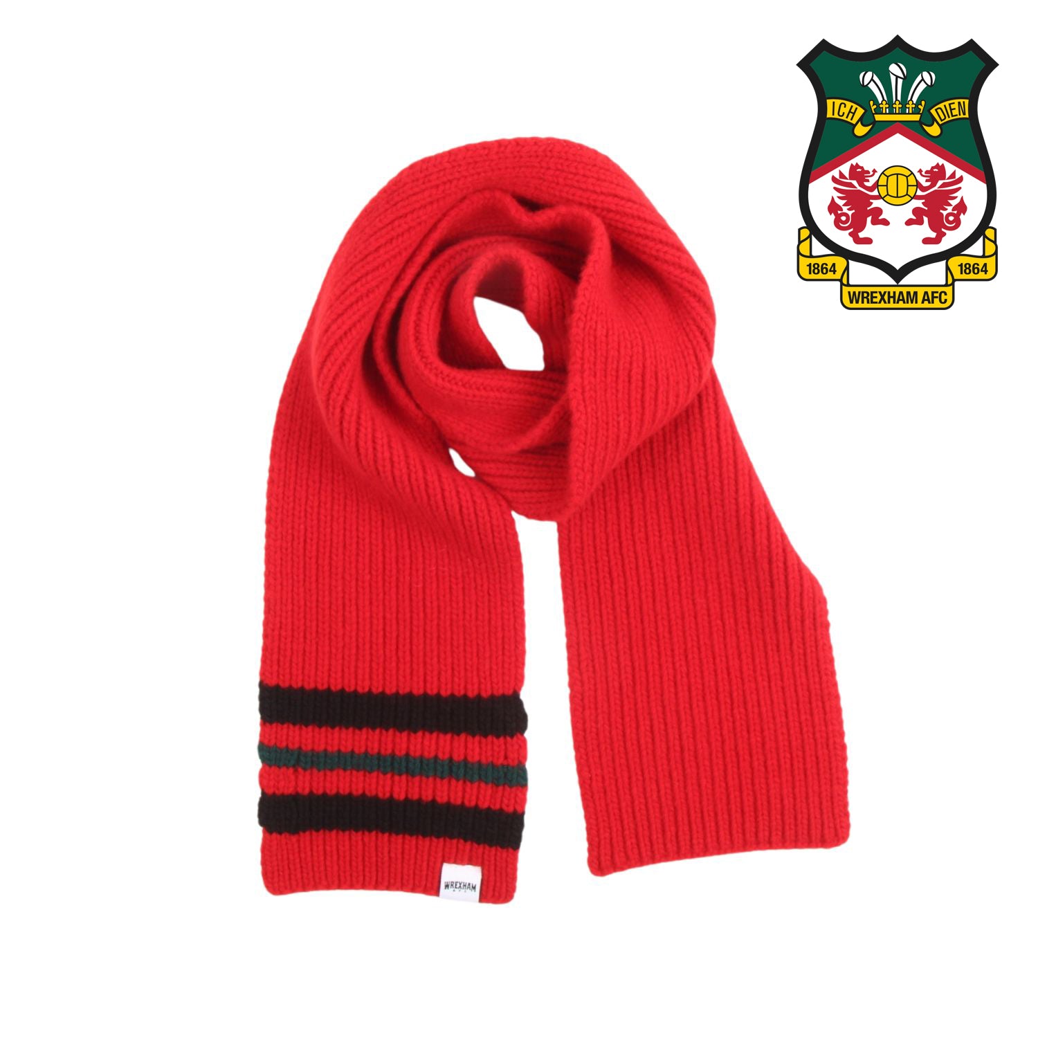 Red scarf with black and green stripes on a white background, featuring Wrexham AFC logo.